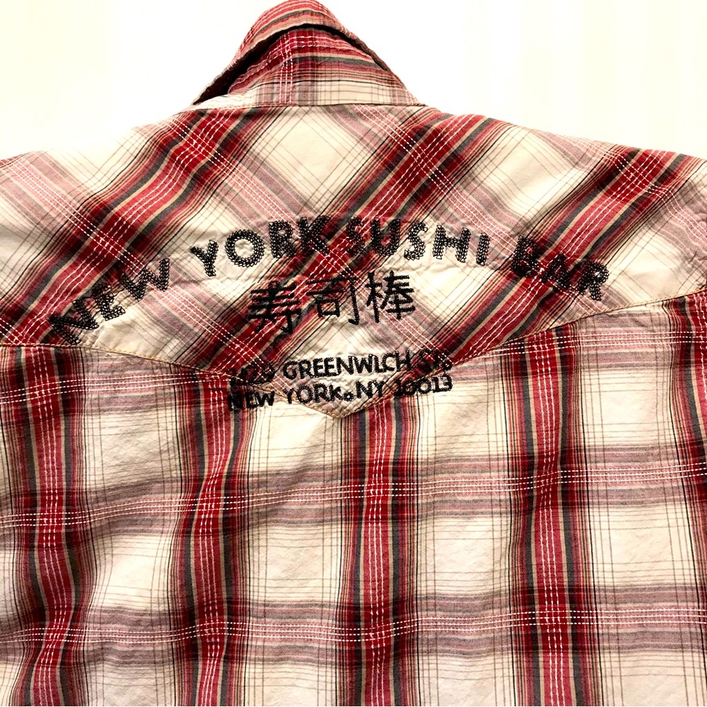 For Him HK white red brown plaid button down snap New York Sushi Bar Size S
